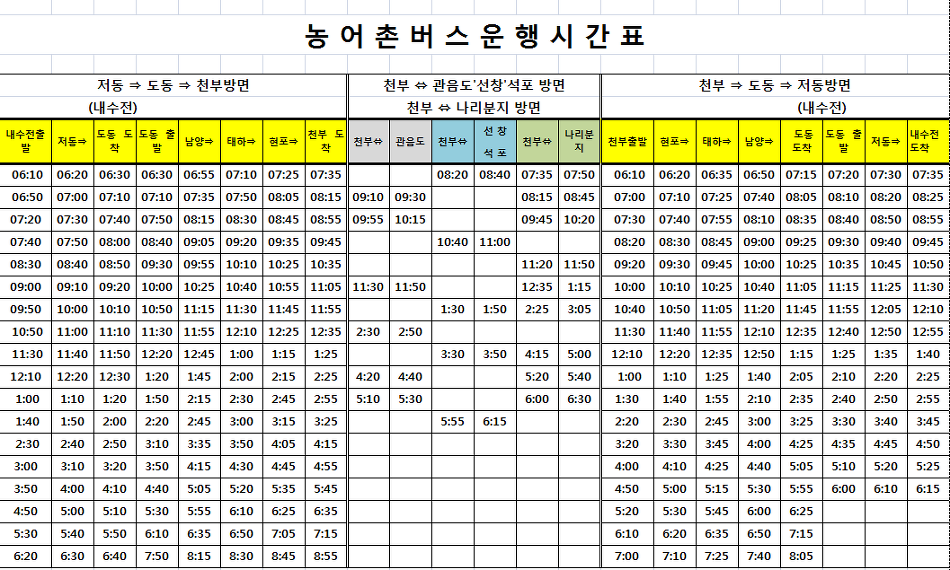 버스시간표,요금표 및 울릉도 렌트카